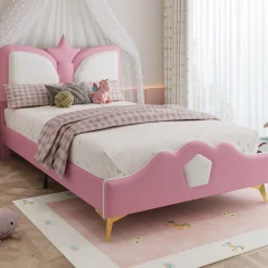 Lit 90x200 cm avec tête de lit en forme de couronne, tapissé PU rose et blanc, cadre métal et pieds dorés>Redom Clearance