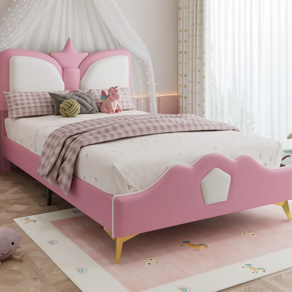 Lit 90x200 cm avec tête de lit en forme de couronne, tapissé PU rose et blanc, cadre métal et pieds dorés>Redom Clearance