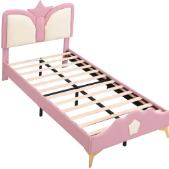 Lit 90x200 cm avec tête de lit en forme de couronne, tapissé PU rose et blanc, cadre métal et pieds dorés><noscript><img width=
