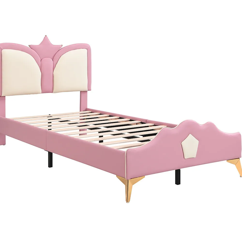 Lit 90x200 cm avec tête de lit en forme de couronne, tapissé PU rose et blanc, cadre métal et pieds dorés>Redom Clearance