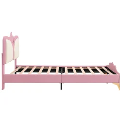 Lit 90x200 cm avec tête de lit en forme de couronne, tapissé PU rose et blanc, cadre métal et pieds dorés><noscript><img width=