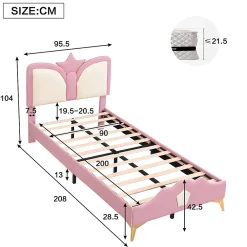 Lit 90x200 cm avec tête de lit en forme de couronne, tapissé PU rose et blanc, cadre métal et pieds dorés><noscript><img width=