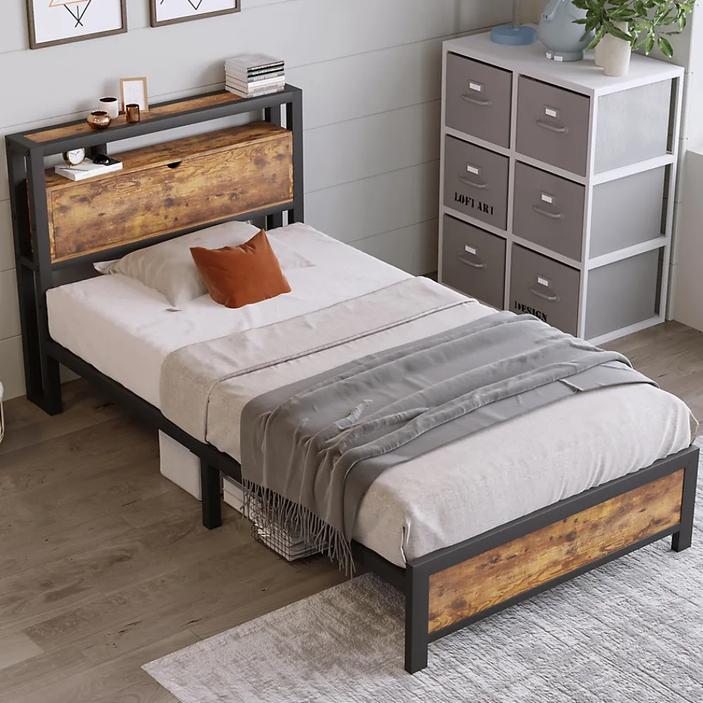 Lit 90x200 cm avec tête de rangement et espace sous-lit 26,5 cm, cadre métal et panneau bois naturel>Redom Hot