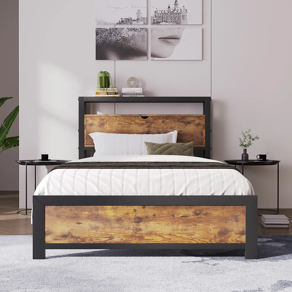 Lit 90x200 cm avec tête de rangement et espace sous-lit 26,5 cm, cadre métal et panneau bois naturel>Redom Hot