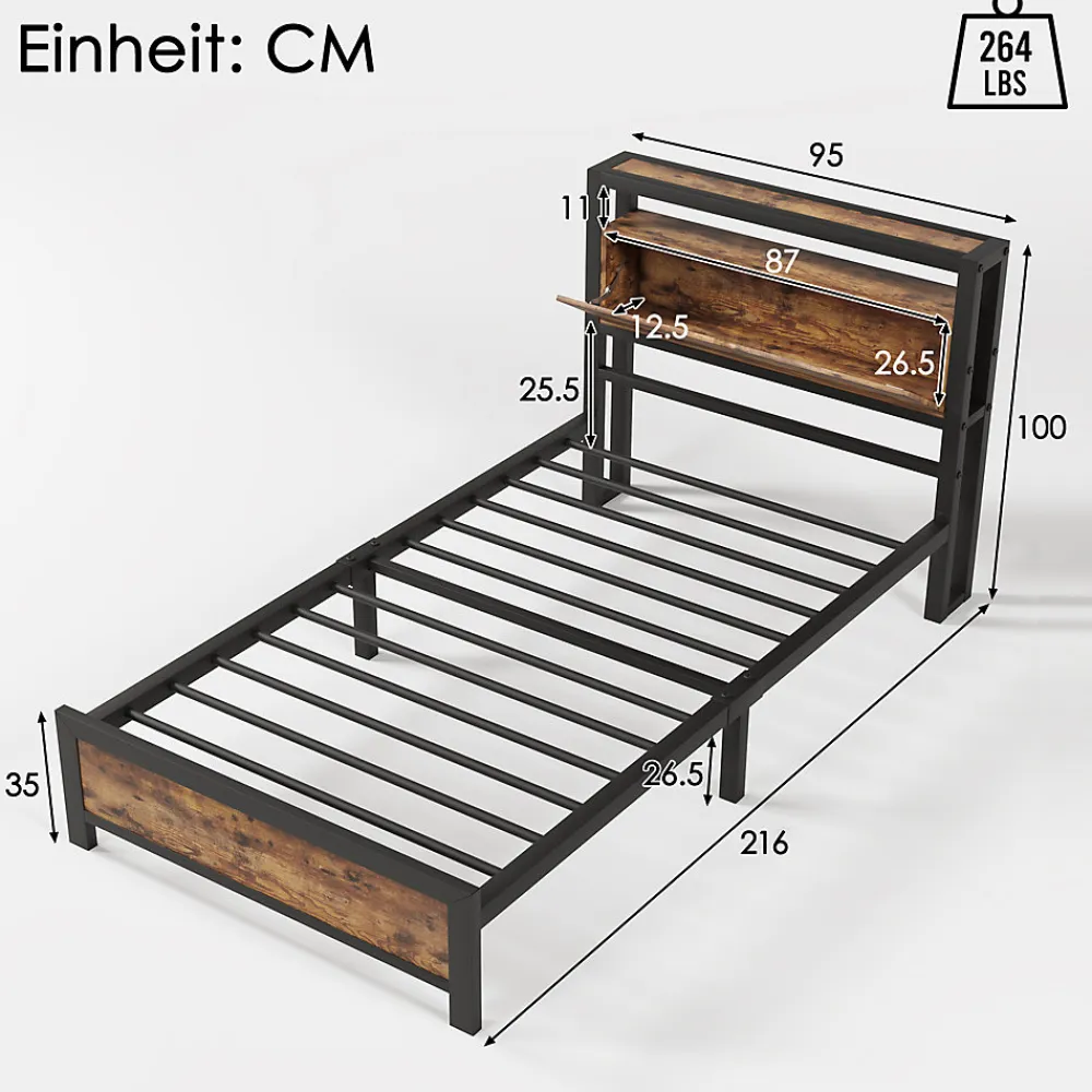Lit 90x200 cm avec tête de rangement et espace sous-lit 26,5 cm, cadre métal et panneau bois naturel>Redom Hot