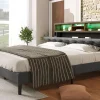 Redom Lit 140x200 cm avec tête de rangement et bande LED, cadre bois massif tapissé lin gris, rangements intégrés* Ensemble Sommier Et Matelas