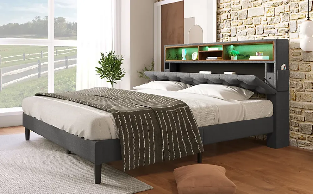 Redom Lit 140x200 cm avec tête de rangement et bande LED, cadre bois massif tapissé lin gris, rangements intégrés* Ensemble Sommier Et Matelas