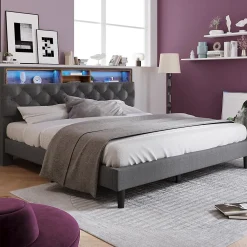 Redom Lit 140x200 cm avec tête de rangement et bande LED, cadre bois massif tapissé lin gris, rangements intégrés* Ensemble Sommier Et Matelas