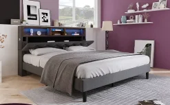 Redom Lit 140x200 cm avec tête de rangement et bande LED, cadre bois massif tapissé lin gris, rangements intégrés* Ensemble Sommier Et Matelas