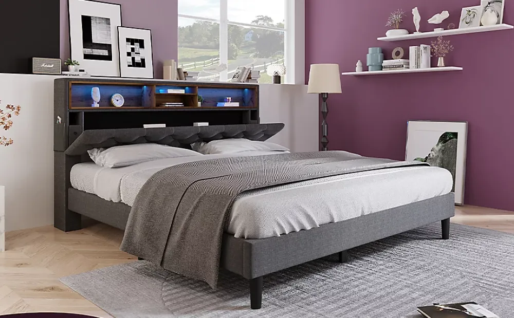 Redom Lit 140x200 cm avec tête de rangement et bande LED, cadre bois massif tapissé lin gris, rangements intégrés* Ensemble Sommier Et Matelas