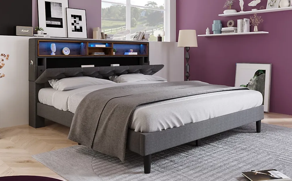 Redom Lit 140x200 cm avec tête de rangement et bande LED, cadre bois massif tapissé lin gris, rangements intégrés* Ensemble Sommier Et Matelas