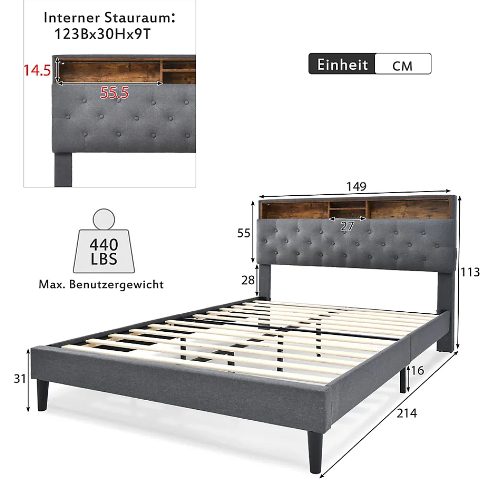 Redom Lit 140x200 cm avec tête de rangement et bande LED, cadre bois massif tapissé lin gris, rangements intégrés* Ensemble Sommier Et Matelas