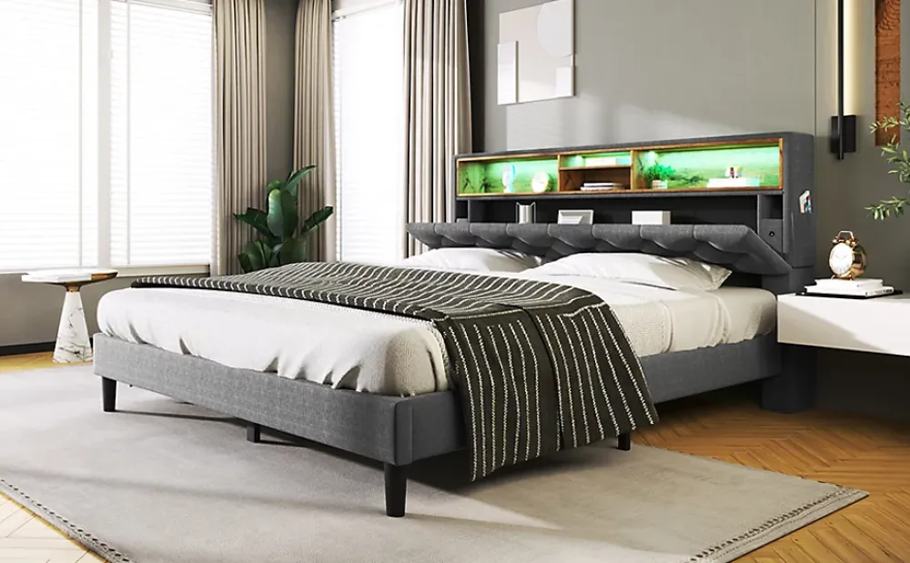 Redom Lit 140x200 cm avec tête de rangement et bande LED, cadre bois massif tapissé lin gris, rangements intégrés* Ensemble Sommier Et Matelas
