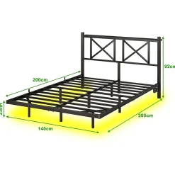 Lit 140x200 cm avec tête de rangement, effet flottant et éclairage LED intégré, cadre métal noir moderne><noscript><img width=