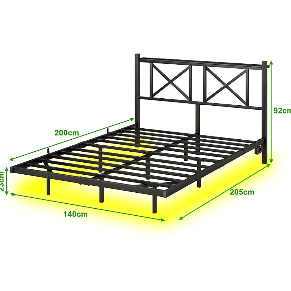 Lit 140x200 cm avec tête de rangement, effet flottant et éclairage LED intégré, cadre métal noir moderne>Redom Outlet