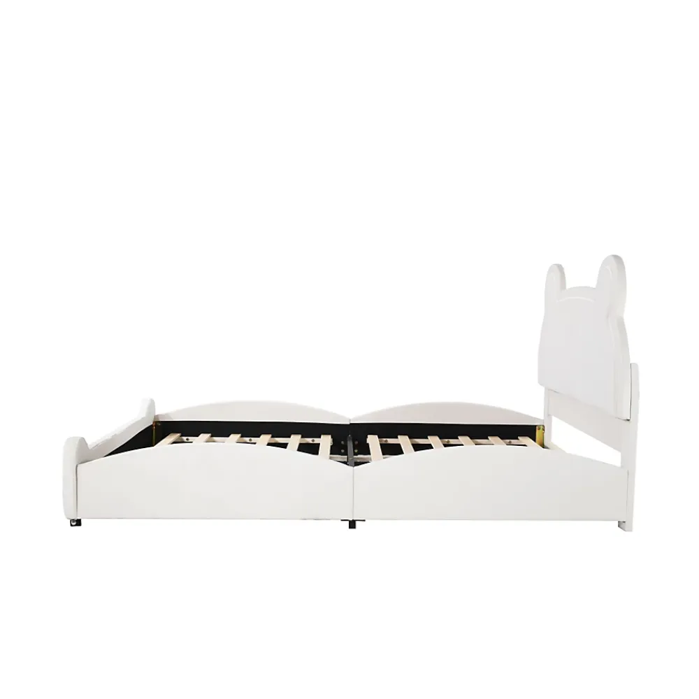 Redom Lit 140x200 cm avec tête d'ours tapissée velours blanc, cadre bois et métal pour chambre d'enfant* Lit Double