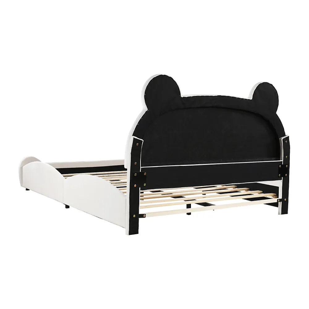 Redom Lit 140x200 cm avec tête d'ours tapissée velours blanc, cadre bois et métal pour chambre d'enfant* Lit Double