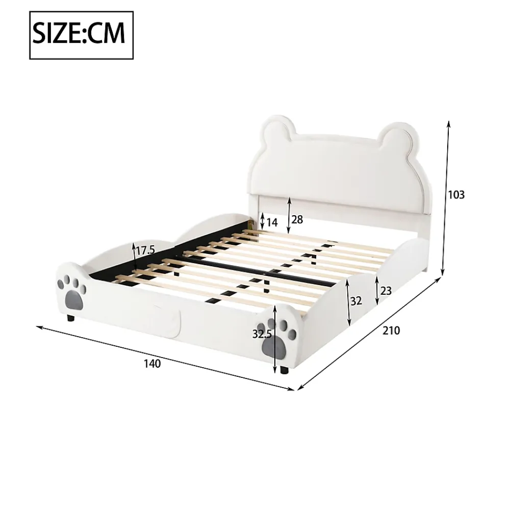 Redom Lit 140x200 cm avec tête d'ours tapissée velours blanc, cadre bois et métal pour chambre d'enfant* Lit Double