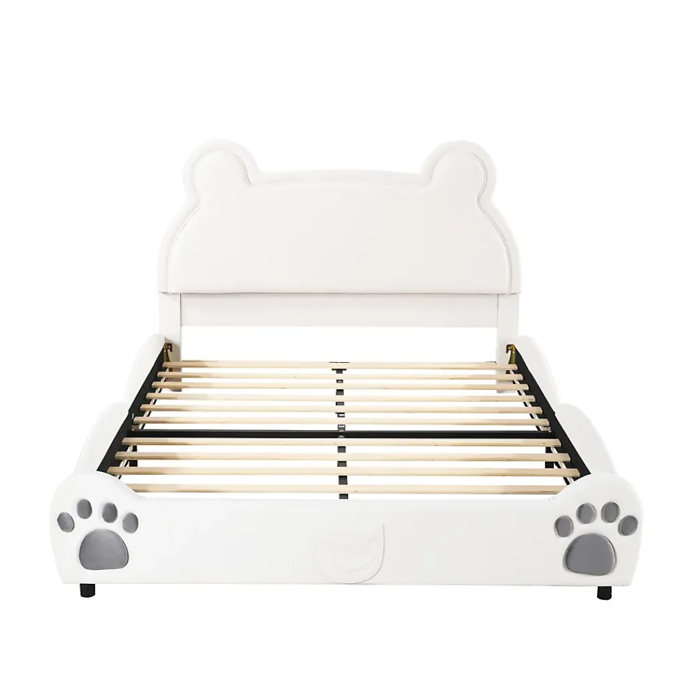 Redom Lit 140x200 cm avec tête d'ours tapissée velours blanc, cadre bois et métal pour chambre d'enfant* Lit Double