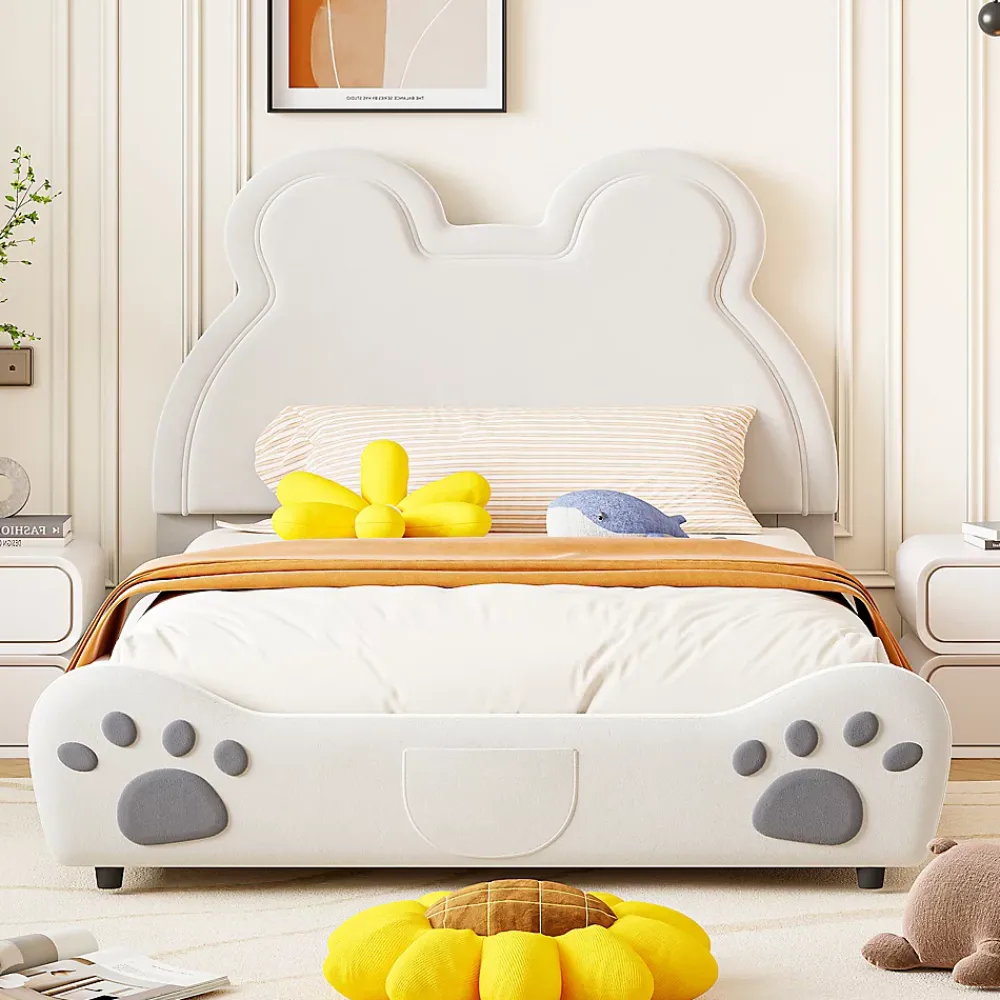 Redom Lit 140x200 cm avec tête d'ours tapissée velours blanc, cadre bois et métal pour chambre d'enfant* Lit Double