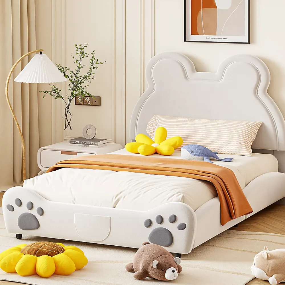 Redom Lit 140x200 cm avec tête d'ours tapissée velours blanc, cadre bois et métal pour chambre d'enfant* Lit Double