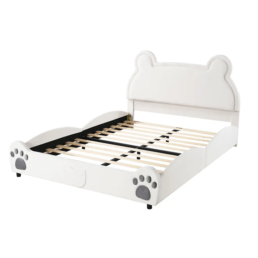 Redom Lit 140x200 cm avec tête d'ours tapissée velours blanc, cadre bois et métal pour chambre d'enfant* Lit Double