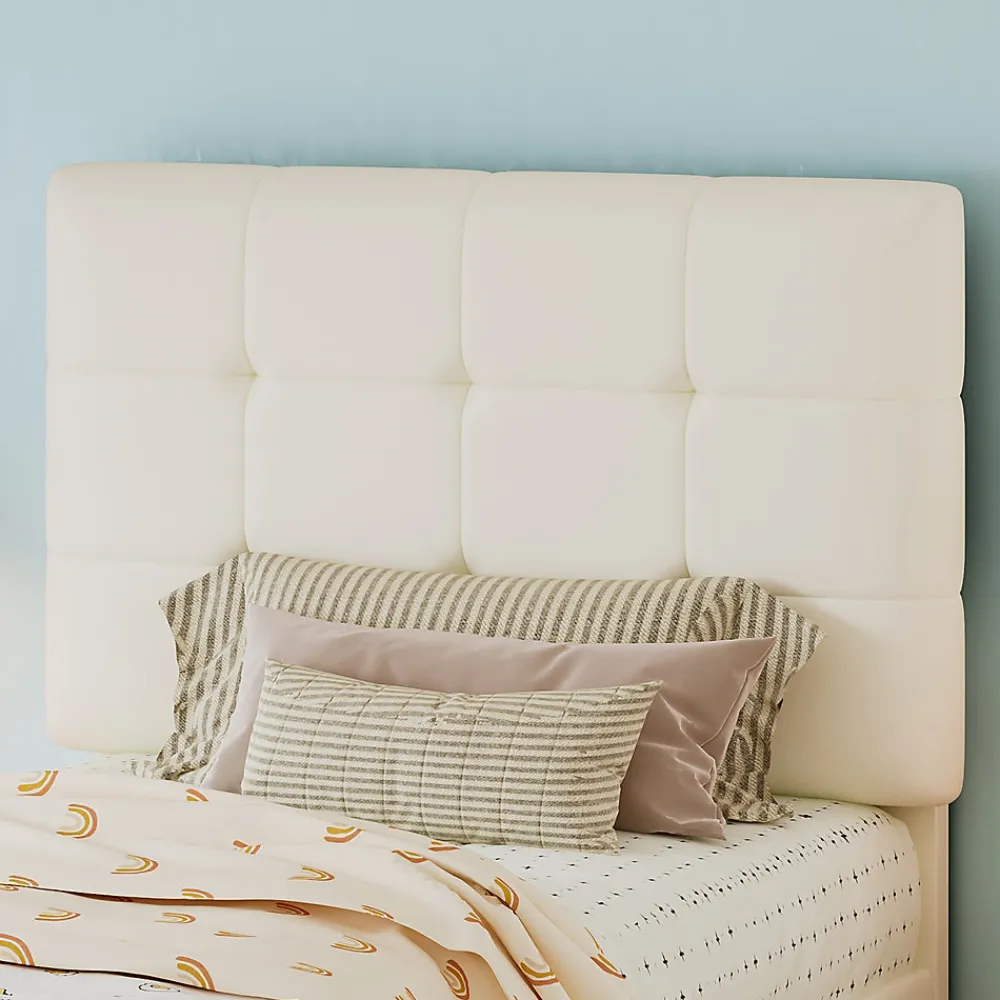 Lit 90x200 cm avec tête en forme de biscuit beige, cadre PU et métal, dossier rembourré et bords mousse>Redom