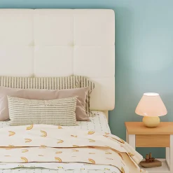 Lit 90x200 cm avec tête en forme de biscuit beige, cadre PU et métal, dossier rembourré et bords mousse><noscript><img width=