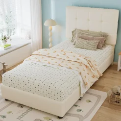 Lit 90x200 cm avec tête en forme de biscuit beige, cadre PU et métal, dossier rembourré et bords mousse><noscript><img width=