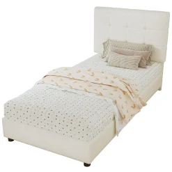 Lit 90x200 cm avec tête en forme de biscuit beige, cadre PU et métal, dossier rembourré et bords mousse><noscript><img width=