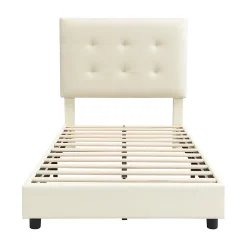 Lit 90x200 cm avec tête en forme de biscuit beige, cadre PU et métal, dossier rembourré et bords mousse><noscript><img width=