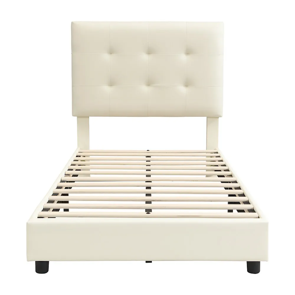 Lit 90x200 cm avec tête en forme de biscuit beige, cadre PU et métal, dossier rembourré et bords mousse>Redom