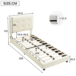 Lit 90x200 cm avec tête en forme de biscuit beige, cadre PU et métal, dossier rembourré et bords mousse><noscript><img width=
