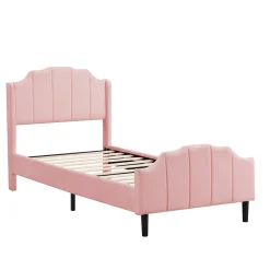 Lit 90x200 cm avec tête et pied rembourrés en velours rose, cadre MDF solide et 12 lattes renforcées><noscript><img width=
