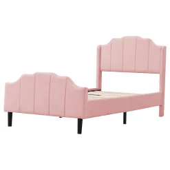 Lit 90x200 cm avec tête et pied rembourrés en velours rose, cadre MDF solide et 12 lattes renforcées><noscript><img width=