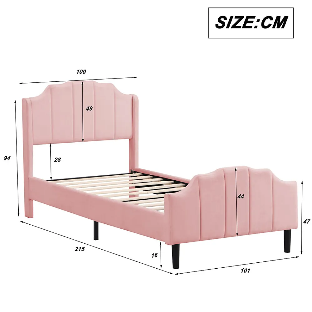 Lit 90x200 cm avec tête et pied rembourrés en velours rose, cadre MDF solide et 12 lattes renforcées>Redom Hot