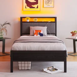 Lit 90x200 cm avec tête haute rembourrée, LED intégrées et station de charge USB, cadre métal noir>Redom New