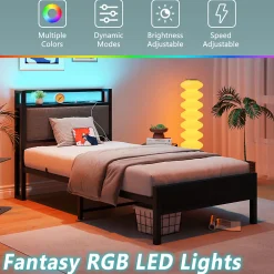 Lit 90x200 cm avec tête haute rembourrée, LED intégrées et station de charge USB, cadre métal noir><noscript><img width=