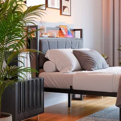 Lit 120x200 cm avec tête haute rembourrée et cadre métal, LED multicolores pilotables et station USB>Redom Online