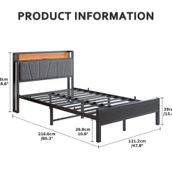 Lit 120x200 cm avec tête haute rembourrée et cadre métal, LED multicolores pilotables et station USB><noscript><img width=