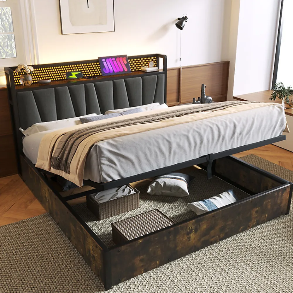 Lit 180x200 cm avec tête LED RGBW, prises et ports USB intégrés, cadre métal gris et rangement sous sommier>Redom Best