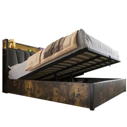 Lit 180x200 cm avec tête LED RGBW, prises et ports USB intégrés, cadre métal gris et rangement sous sommier><noscript><img width=