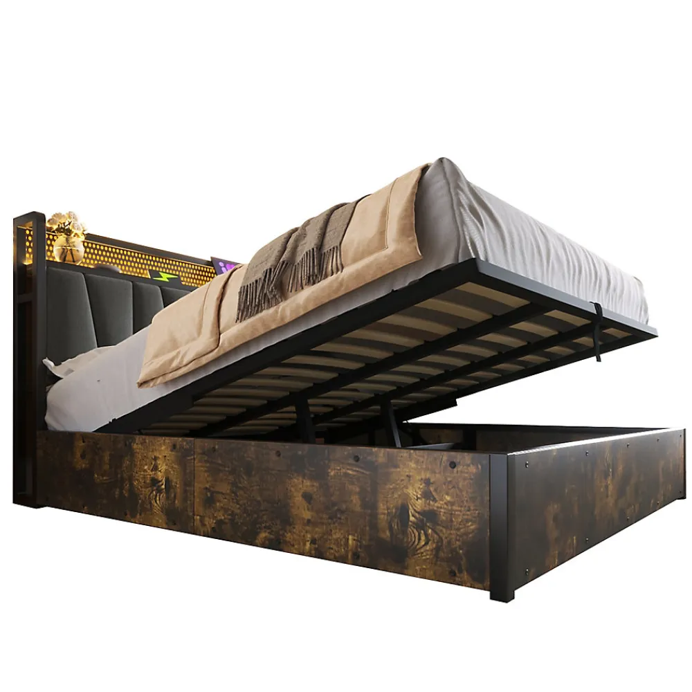 Lit 180x200 cm avec tête LED RGBW, prises et ports USB intégrés, cadre métal gris et rangement sous sommier>Redom Best