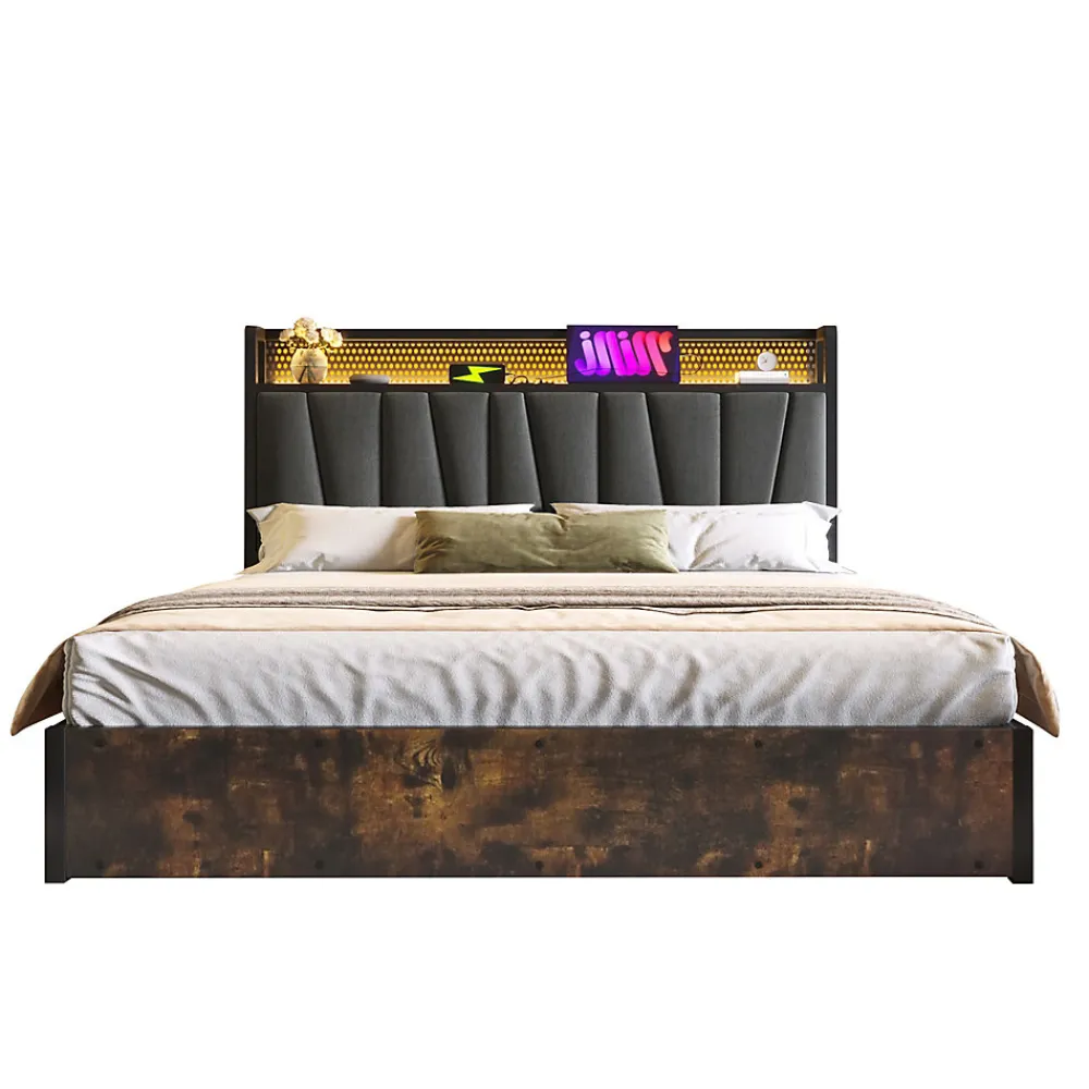 Lit 180x200 cm avec tête LED RGBW, prises et ports USB intégrés, cadre métal gris et rangement sous sommier>Redom Best