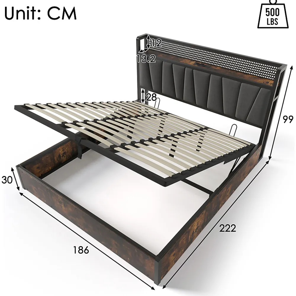 Lit 180x200 cm avec tête LED RGBW, prises et ports USB intégrés, cadre métal gris et rangement sous sommier>Redom Best
