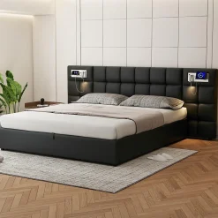 Lit 180x200 cm avec tête rembourrée, rangement hydraulique, port USB et recharge sans fil, PU noir><noscript><img width=
