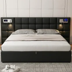 Lit 180x200 cm avec tête rembourrée, rangement hydraulique, port USB et recharge sans fil, PU noir><noscript><img width=
