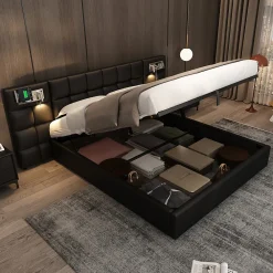 Lit 180x200 cm avec tête rembourrée, rangement hydraulique, port USB et recharge sans fil, PU noir><noscript><img width=