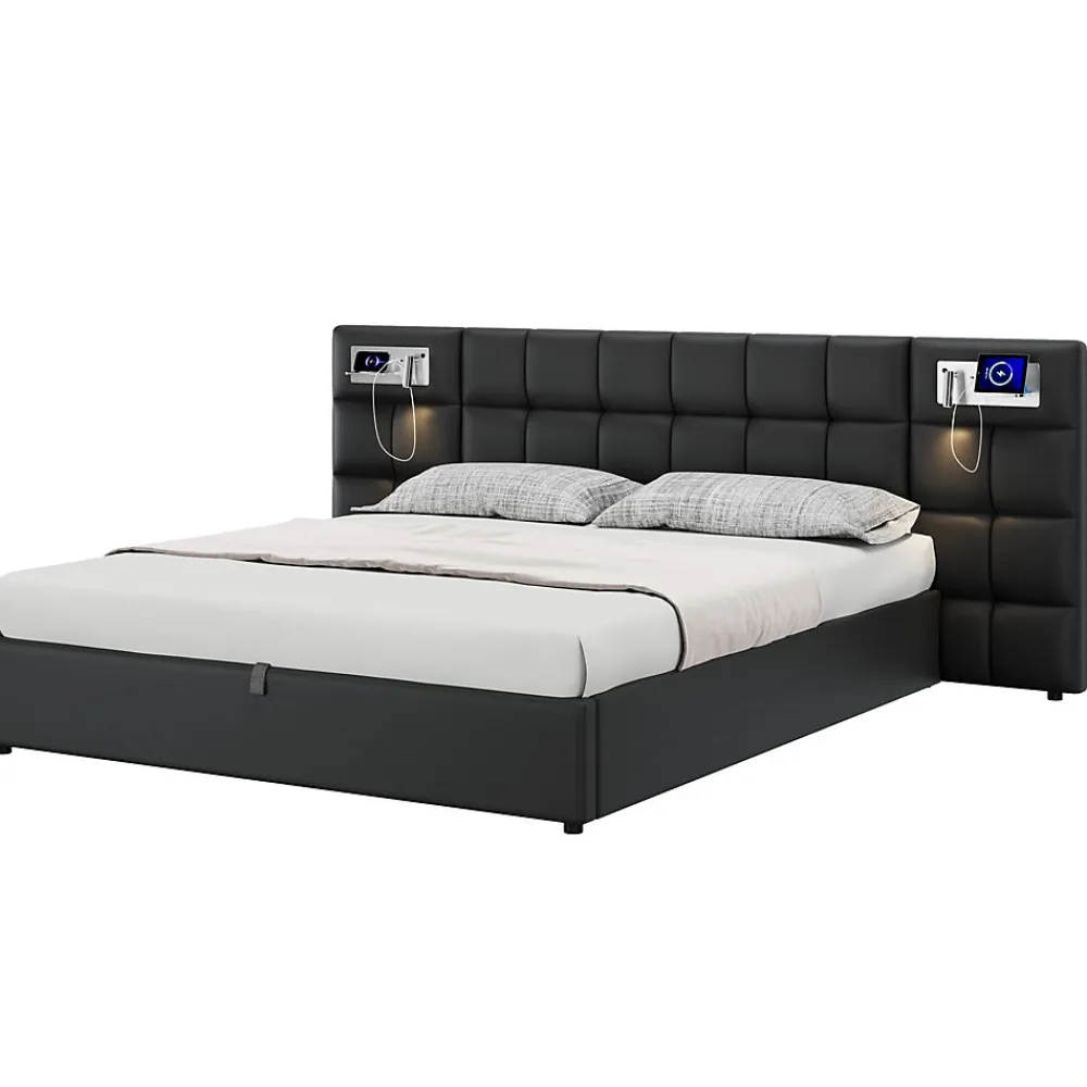 Lit 180x200 cm avec tête rembourrée, rangement hydraulique, port USB et recharge sans fil, PU noir>Redom Clearance