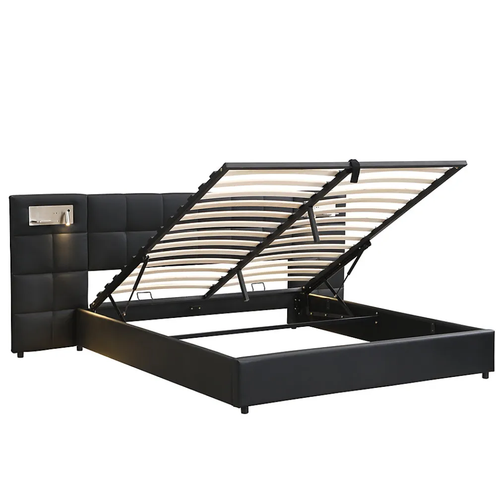 Lit 180x200 cm avec tête rembourrée, rangement hydraulique, port USB et recharge sans fil, PU noir>Redom Clearance